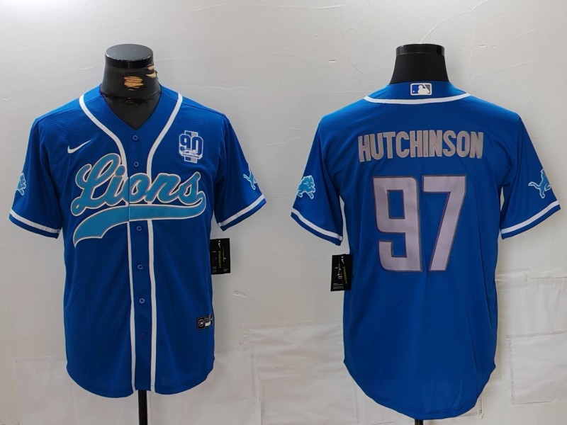 Men's Detroit Lions #97 Aidan Hutchinson Blue With 90th Anniversary Patch Cool Base Stitched Baseball Jersey